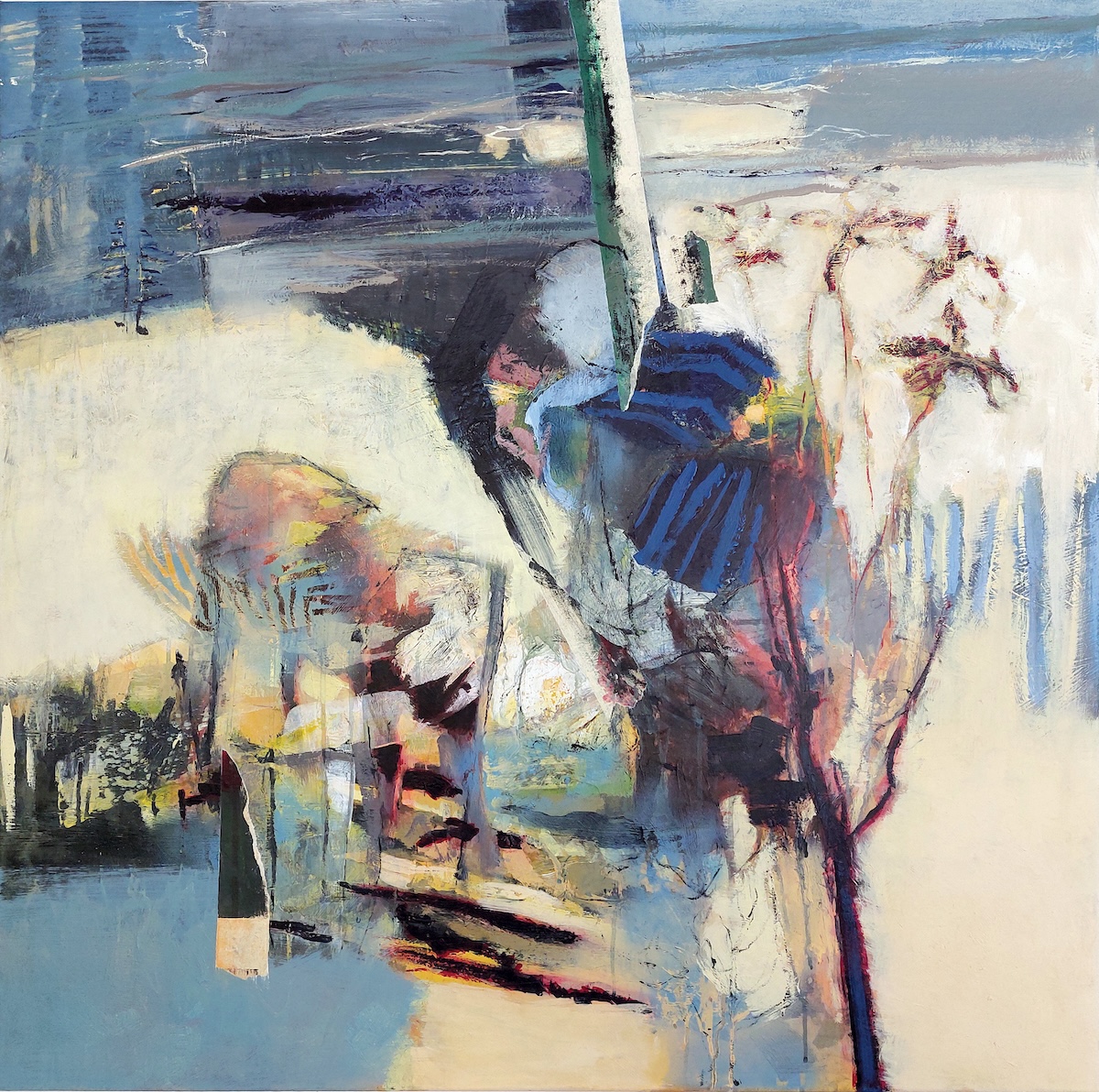 ”En slags natur” II. 100 x 100 cm, 2023, Akryl, olie og collage på lærred (2083)